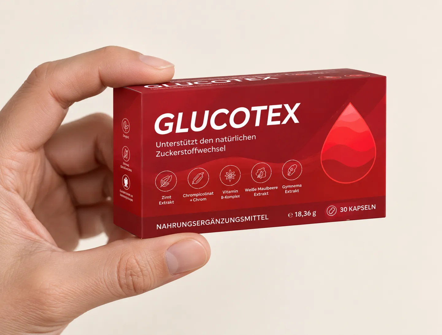 GLUCOTEX — Verpackung in der Hand